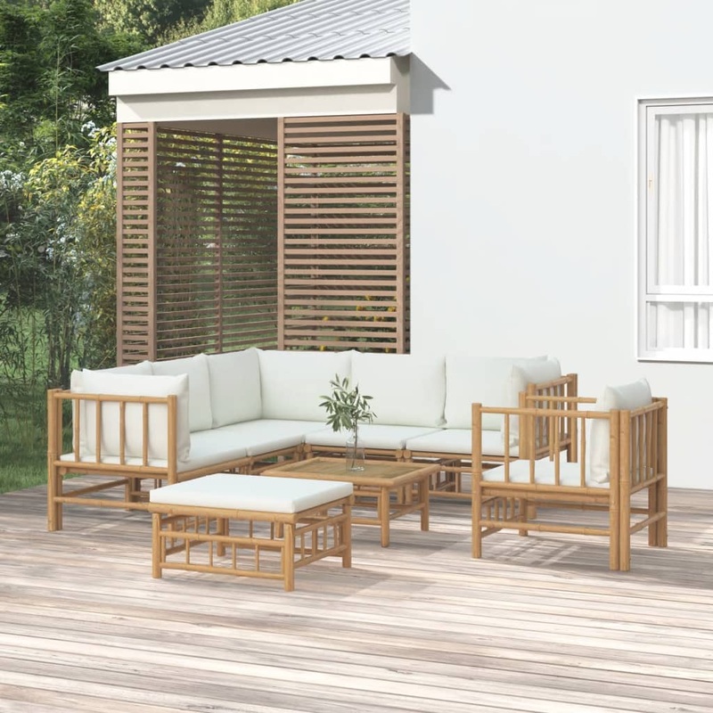Salon de jardin 8 pcs avec coussins blanc crme bambou