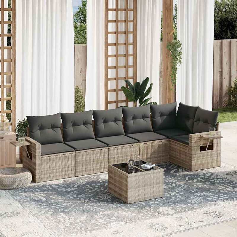 Salon de jardin avec coussins 7 pcs gris clair rsine tresse