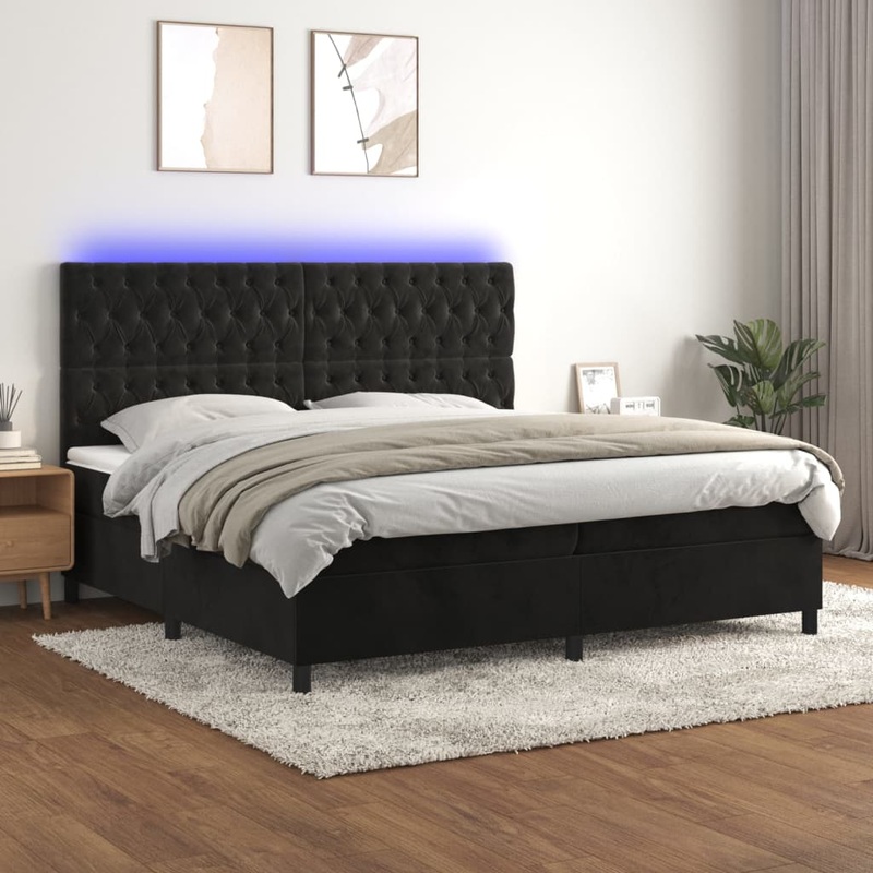 Sommier  lattes de lit matelas et LED Noir 200x200 cm Velours