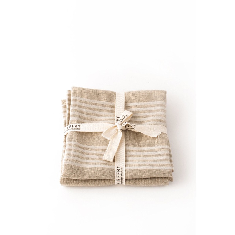 Thieffry Belgian Linen Dishtowels, White Stripe & Natural, Set of 2