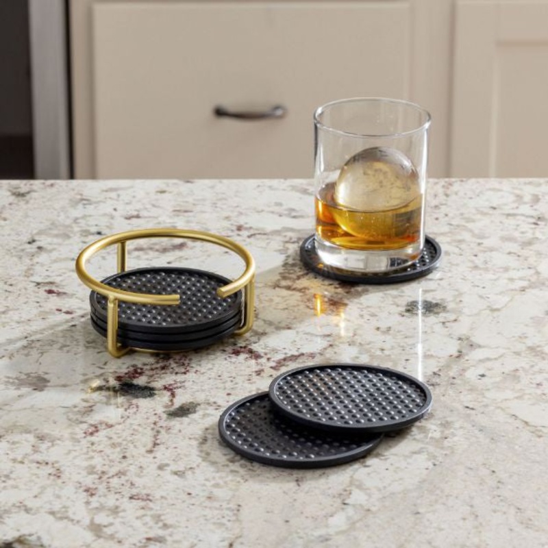 Euro 6-Pack Black Coaster Set with Holder, Gold