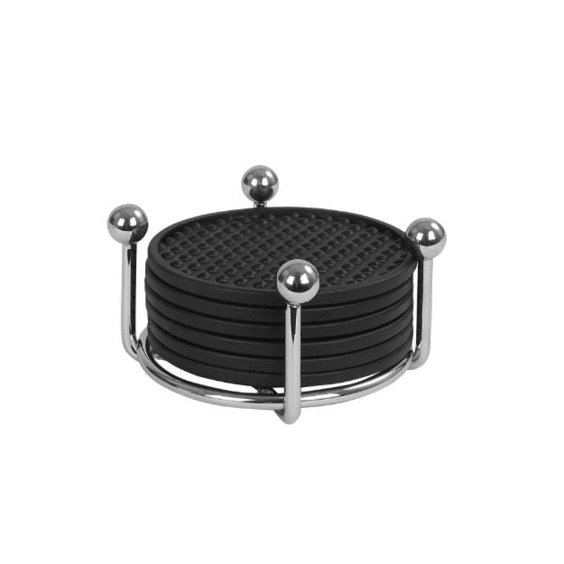 Pantry Works 6 Black Coasters with Holder, Satin Nickel