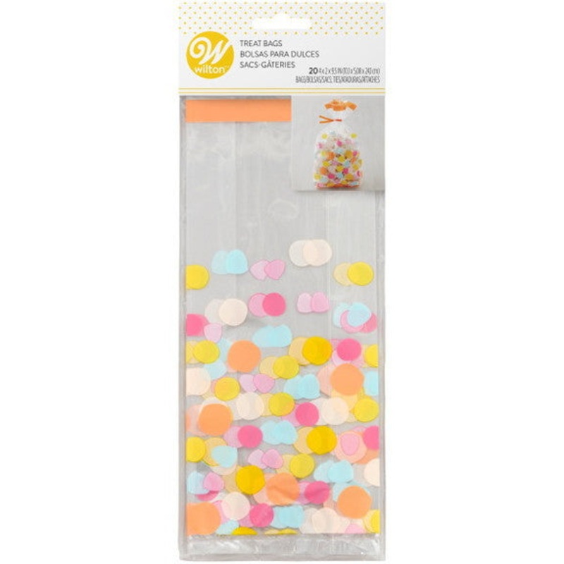 Yellow, Blue, Pink and Orange Polka Dot Treat Bags and Ties, 20-Count