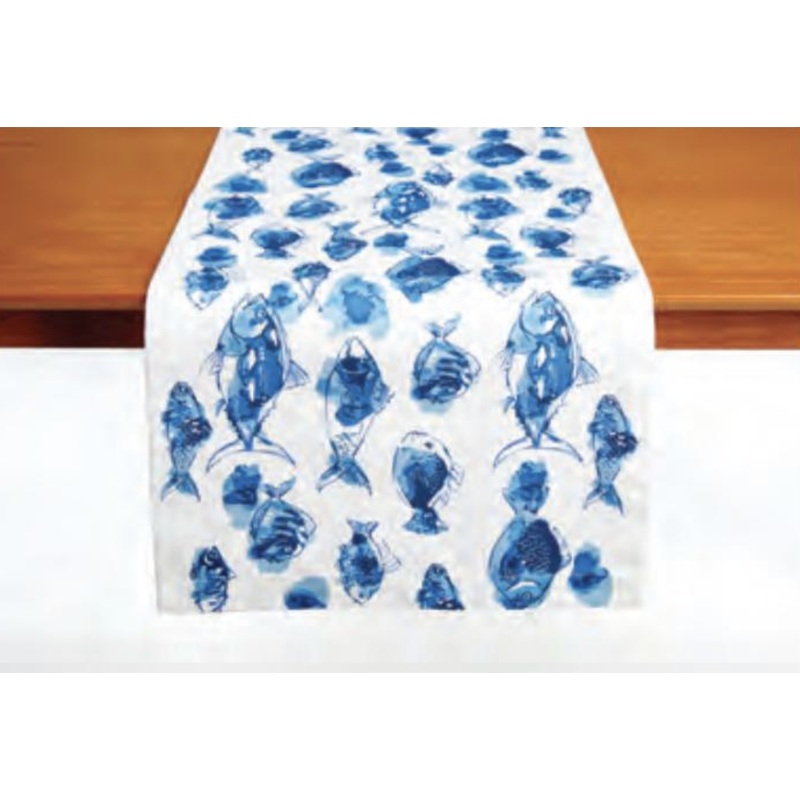 Blue Watercolor Fish Table Runner