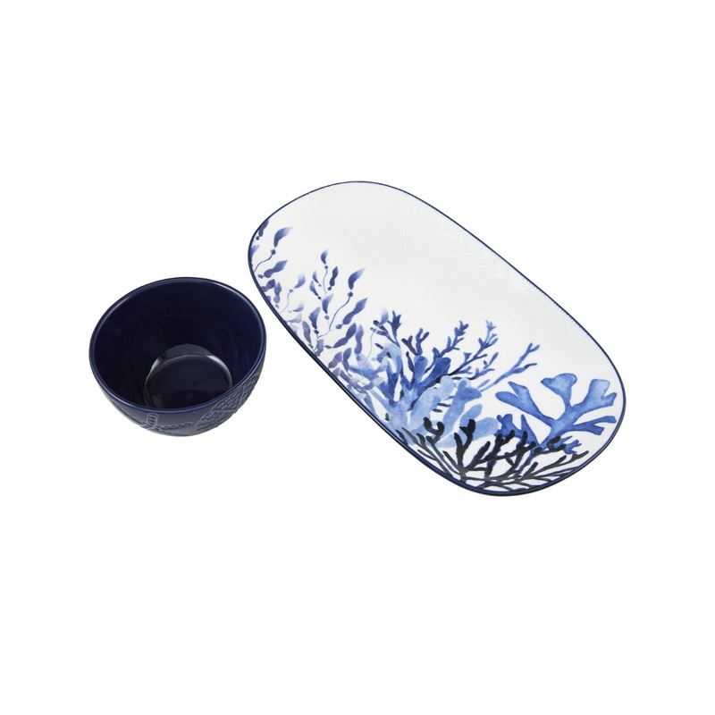 Blue Coral Rectangular Platter With Dip Bowl Set Gift Boxed