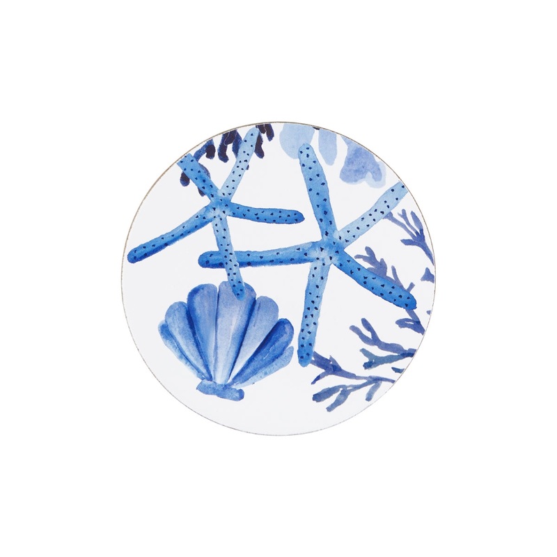 Blue Coral Round Cork Back Coaster 10cm Set of 4 Gift Boxed