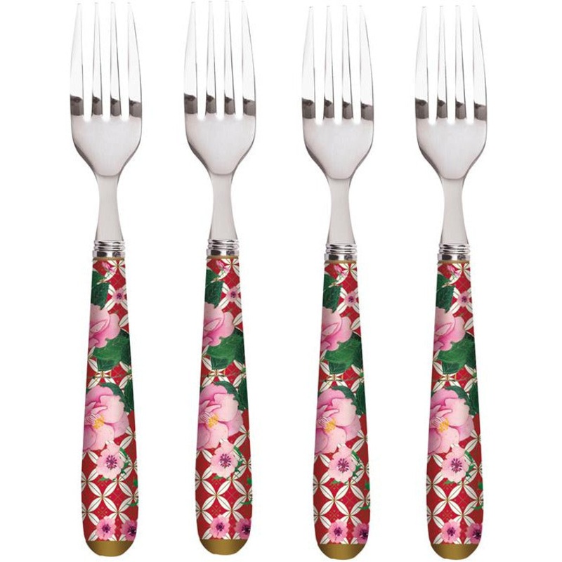 Teas And CS Silk Road Cake Fork Set Of 4 - Cherry Red