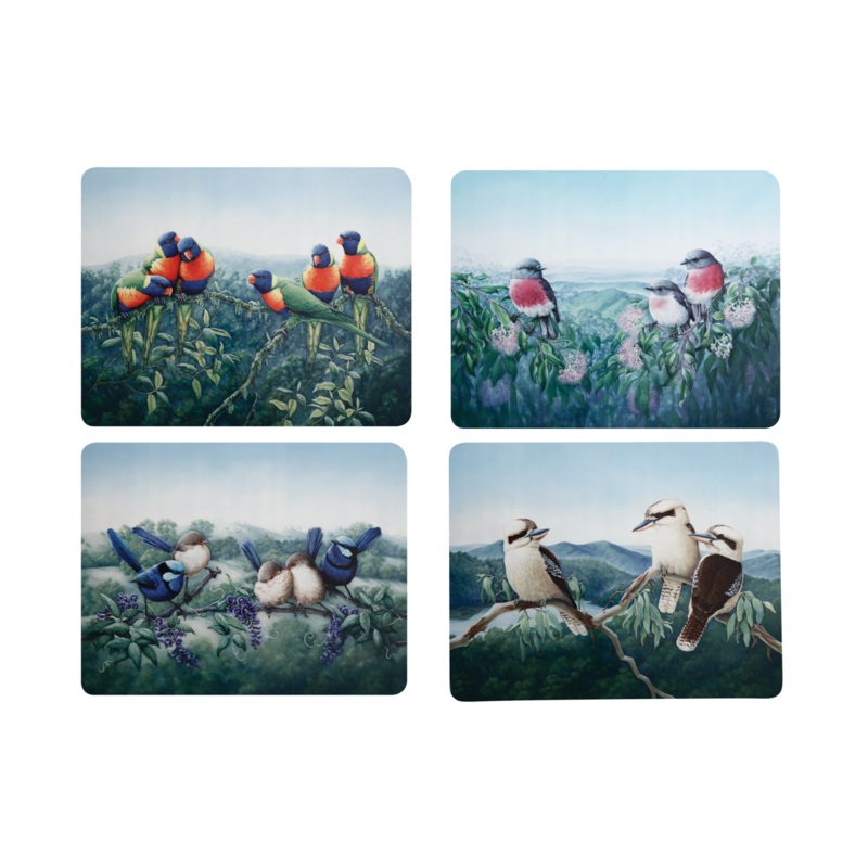 Birds of Australia KC 10yr Anniversary Cork Back Placemat 34x26.5cm Set of 4 Assorted Gift Boxed