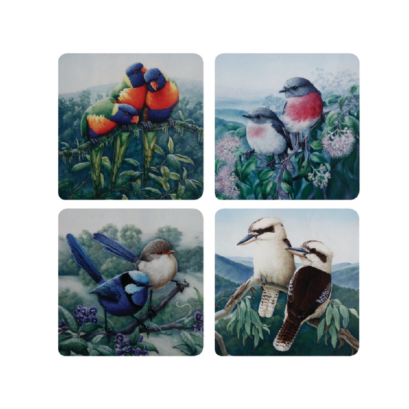 Birds of Australia KC 10yr Anniversary Cork Back Coaster 10.5cm Set of 4 Assorted Gift Boxed