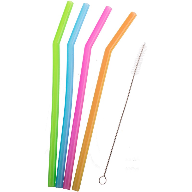 Translucent Silicone Bent Straws Set 4 With Brush