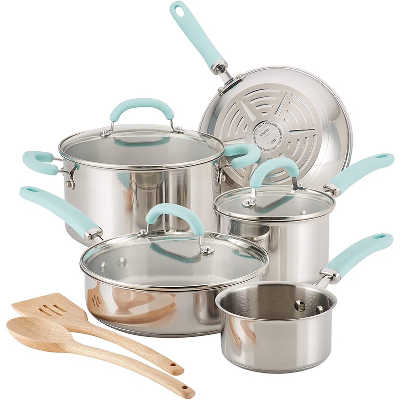 Rachael Ray Create Delicious Stainless Steel Cookware Set, 10-Piece Pots and Pans Set, Stainless Steel with Silicone Handles