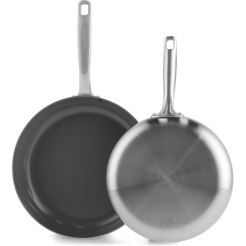 GreenPan Chatham Tri-Ply Stainless Steel Ceramic Nonstick 10" and 12" Induction Frying Pan Set (PFAS Free)