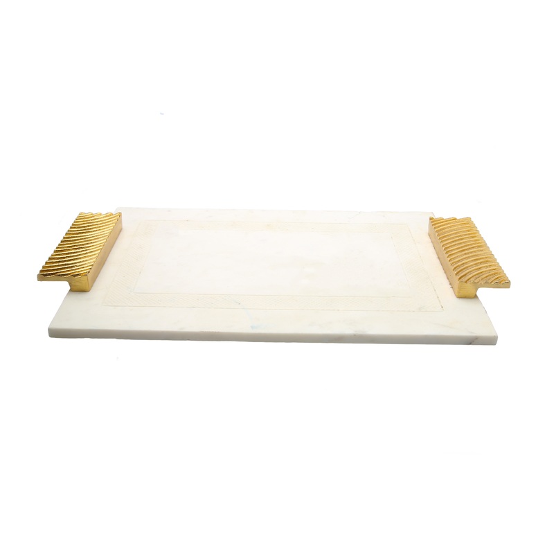 Classic Touch White Marble Challah Tray with Embossed Gold Handles