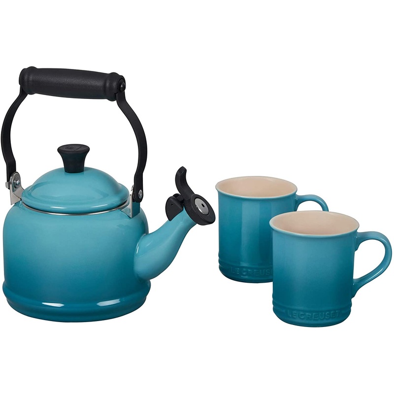 Le Creuset Enamel On Steel Demi Kettle & Stoneware Set of 2 Mugs, 1.25 qt. Kettle & (2) 14 oz.