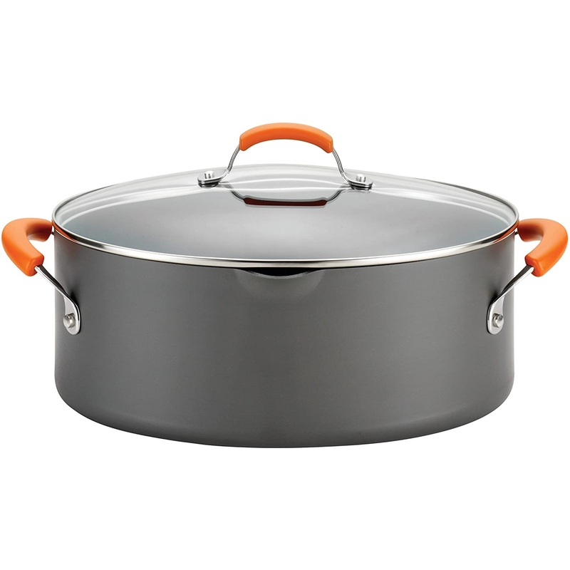 Rachael Ray Hard Anodized Orange Handles 8 Qt. Covered Oval Pasta Pot with Pour Spout
