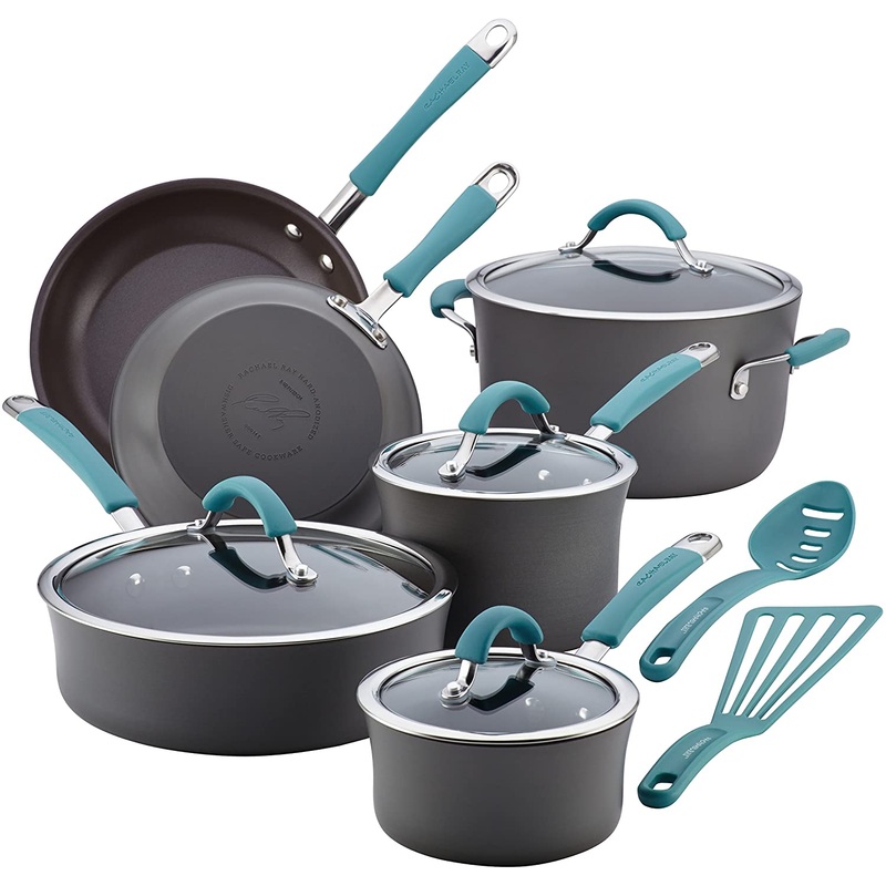 Rachael Ray Cucina Hard Anodized Nonstick Cookware Pots and Pans Set, 12 Piece, Gray with Blue Handles