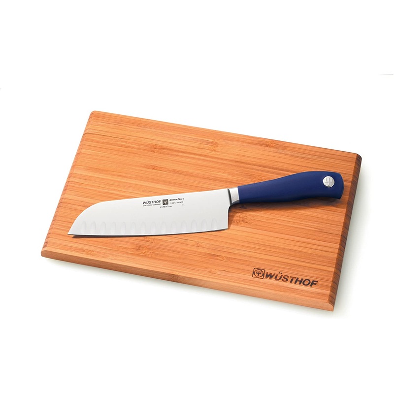 Wusthof Grand Prix 7-Inch Santoku and Bamboo Cutting Board Blue