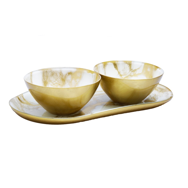 Classic Touch White and Gold Marbelized 2 Bowl Relish Dish