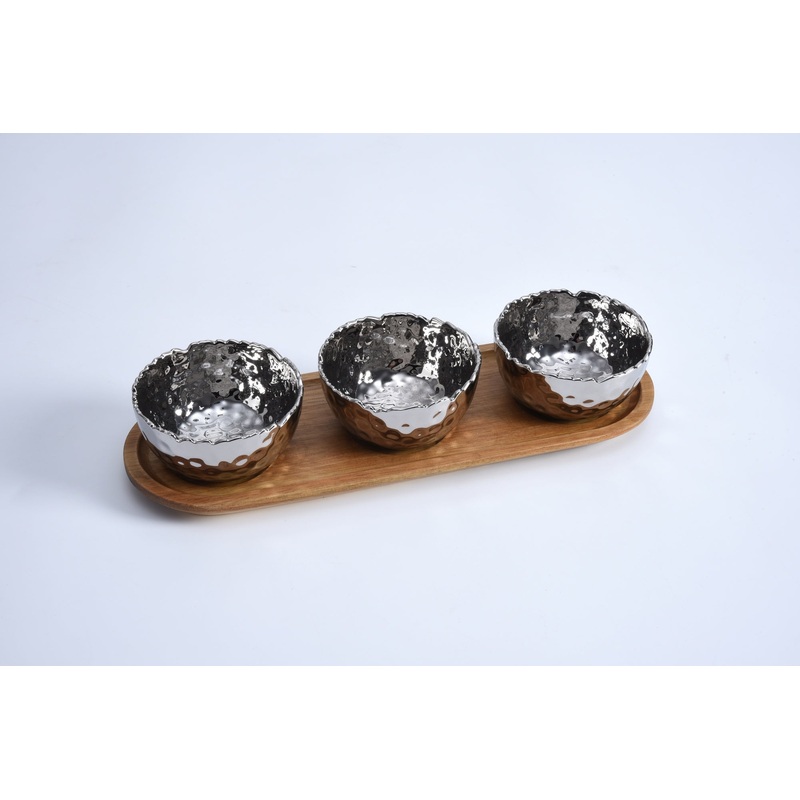 Pampa Bay Set of 3 Porcelain Bowls on Acacia Wood Tray