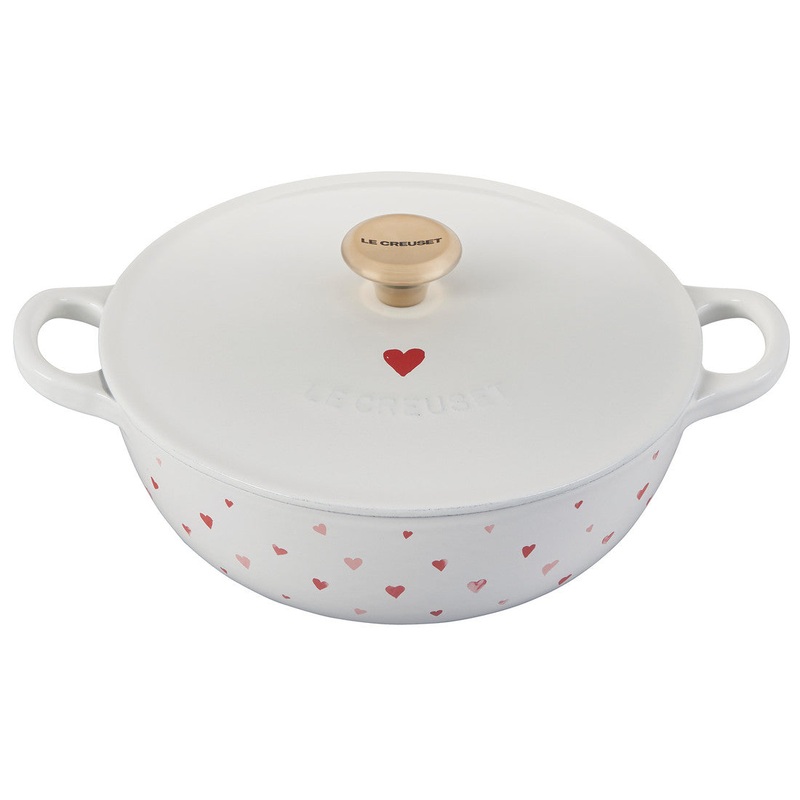 Le Creuset L' Amour Collection: Soup Pot, White w/ Heart Applique and Light Gold Knob