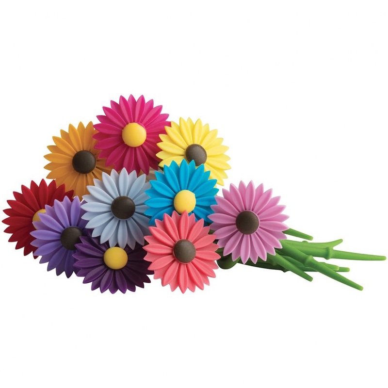 Trudeau Daisy Multi-Colored Silicone Wine and Stemware Charm, Set of 12