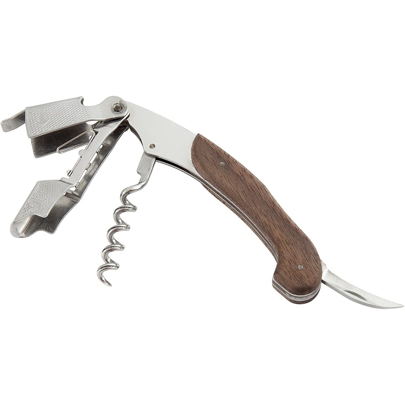 Fortessa Crafthouse 4.75" Black Walnut Wood and Stainless Steel Multi Step Bottle Opener/Corkscrew
