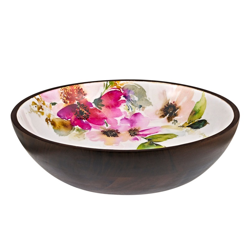 Godinger Wood Bowl 12 Inch Bowl with enamel patterned interior
