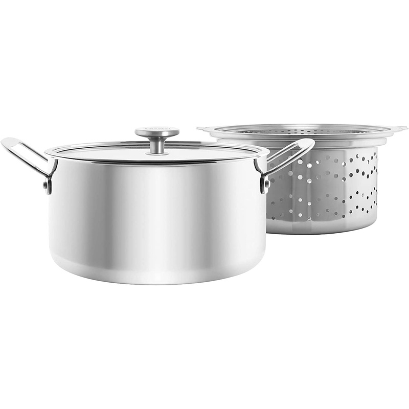 Chantal 3.Clad Tri-Ply 7 quart Stockpot with Pasta-Steamer Insert, Polished Stainless Steel, Tempered Glass Lid