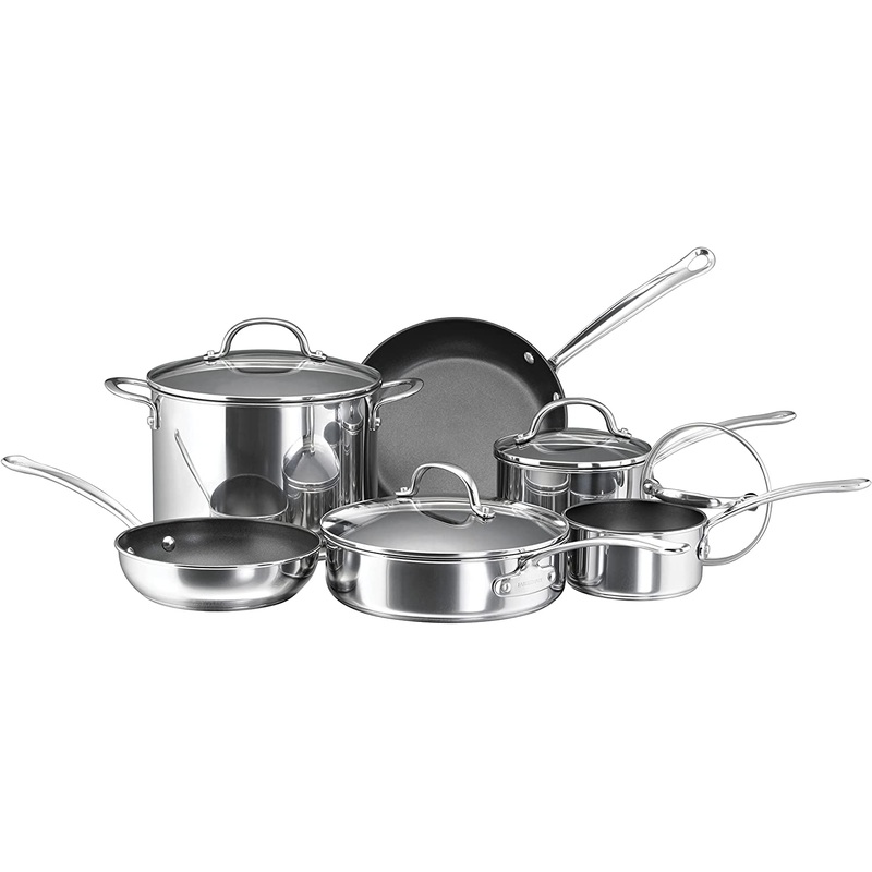 Farberware Millennium Stainless Steel Nonstick Cookware Set, 10-Piece Pot and Pan Set, Stainless Steel