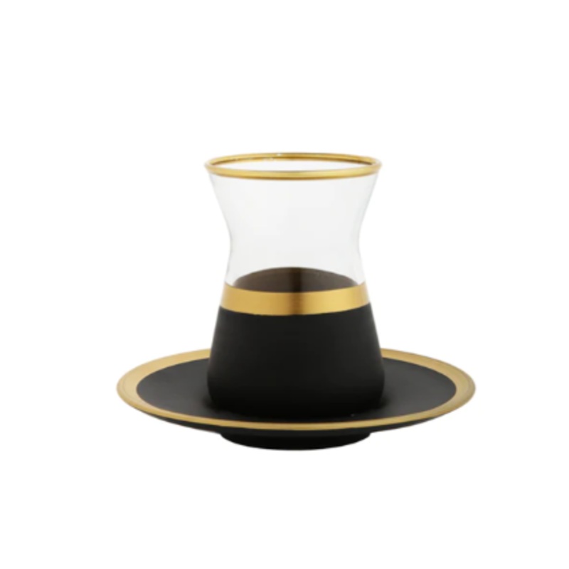 Classic Touch Tea Cups and Saucers with Black and Gold Design Set of 6