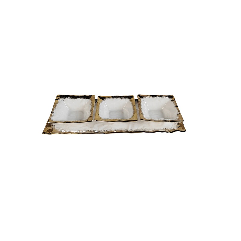 Classic Touch White Porcelain 3 Bowl Relish Dish with Gold Edge15.75"L
