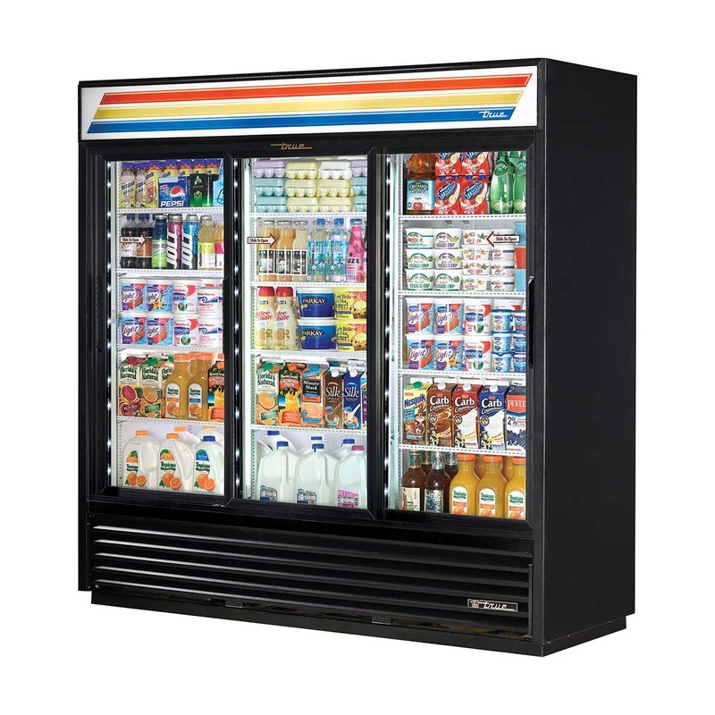 True GDM-69-HC-LD Three Section Sliding Glass Door Refrigerated Merchandiser, Black