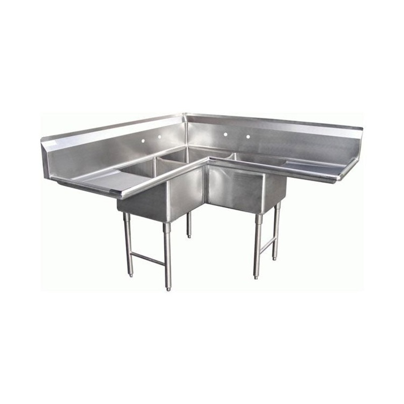 GSW Sink Corner Type Three 3 Compartment, with 2-18" Corner Drainboards, 18" Front-to-Back x 18" Wide Sink Compartments, 12" Deep with 11" Backsplash
