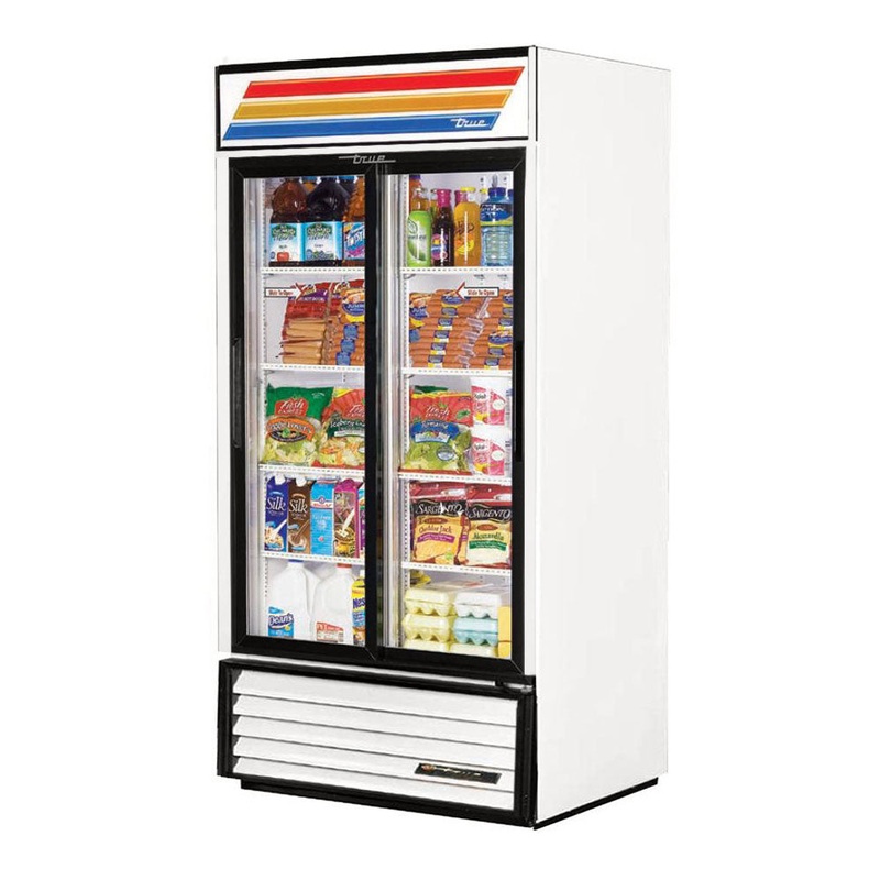 True GDM-33-HC-LD Two Section Sliding Glass Door Refrigerated Merchandiser, White