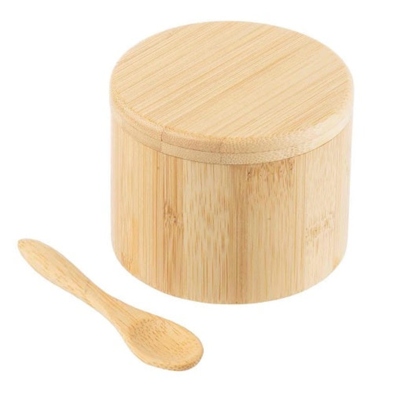 Tablecraft 11158 Round Bamboo Salt Box, with Spoon, 6 oz.