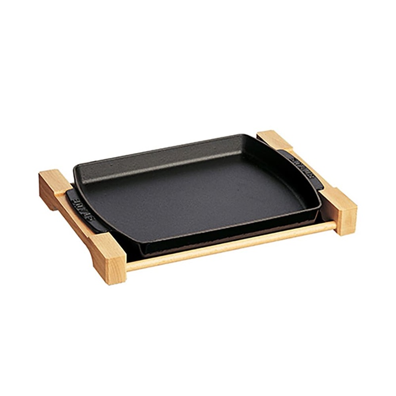 Staub Rectangular Serving Dish With Wood Base In Black