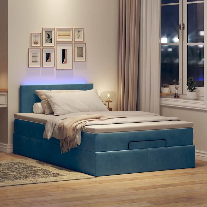 Lit ottoman avec matelas et LED bleu fonc 90x200cm velours