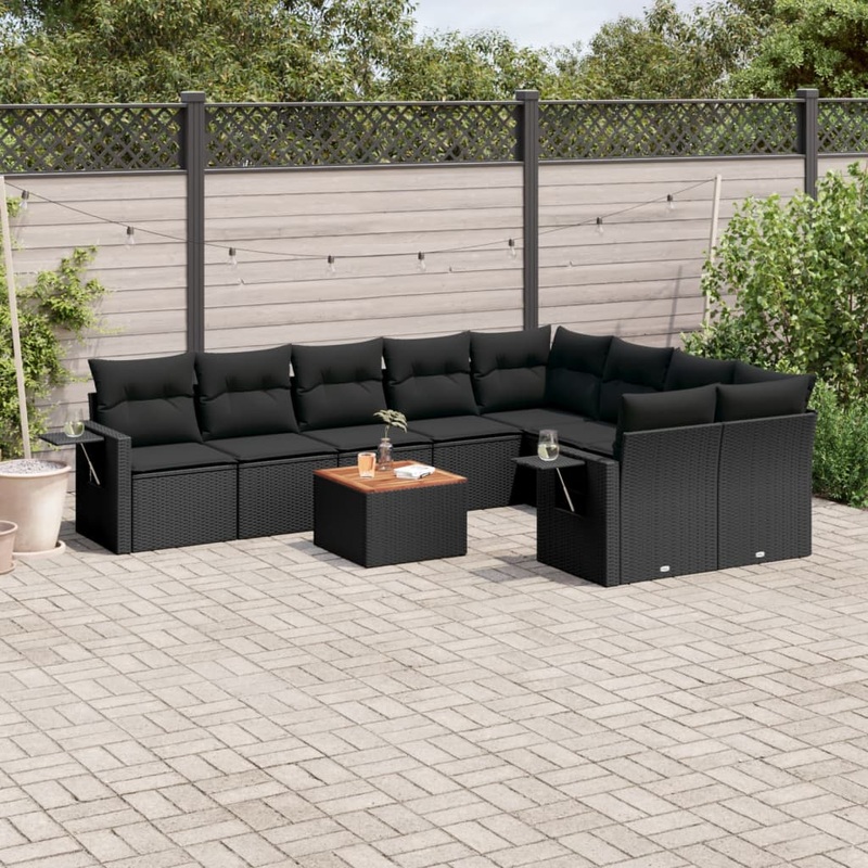Salon de jardin 10 pcs avec coussins noir rsine tresse