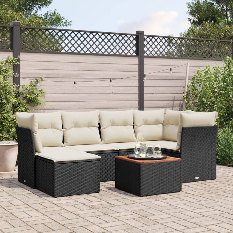Salon de jardin 7 pcs avec coussins noir rsine tresse