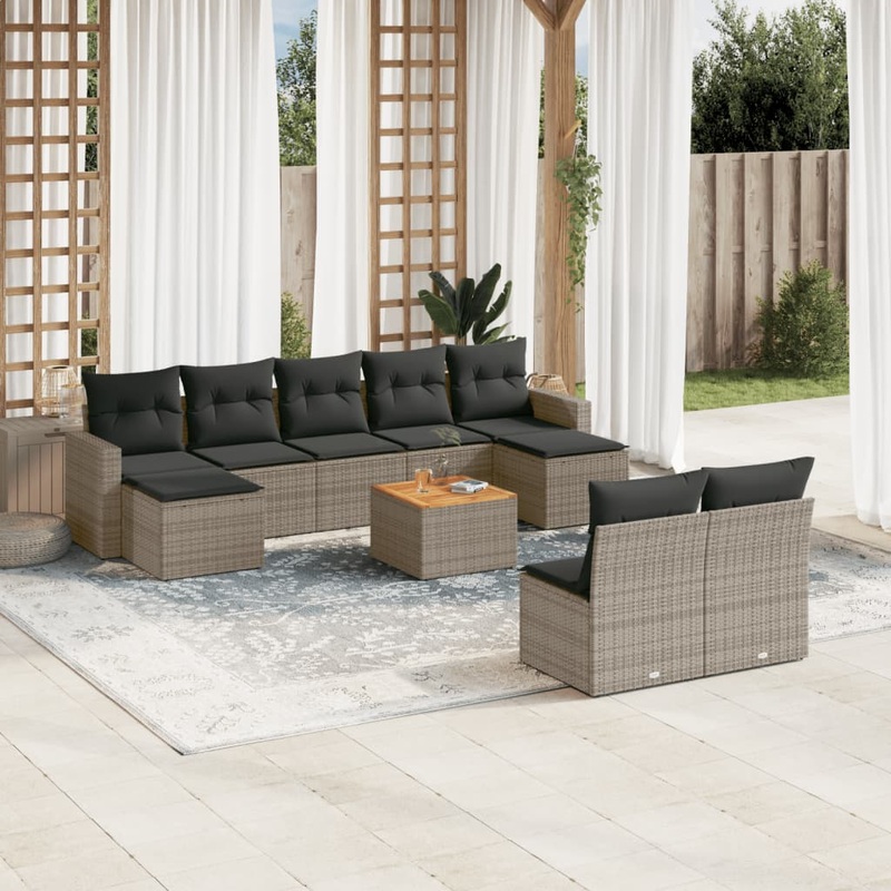 Salon de jardin avec coussins 10 pcs gris rsine tresse